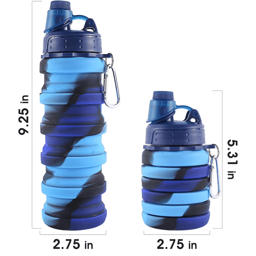 Reusable Collapsible Bottle with Carabiner - SF3489, blue silicone, showing folded and expanded views with measurements.