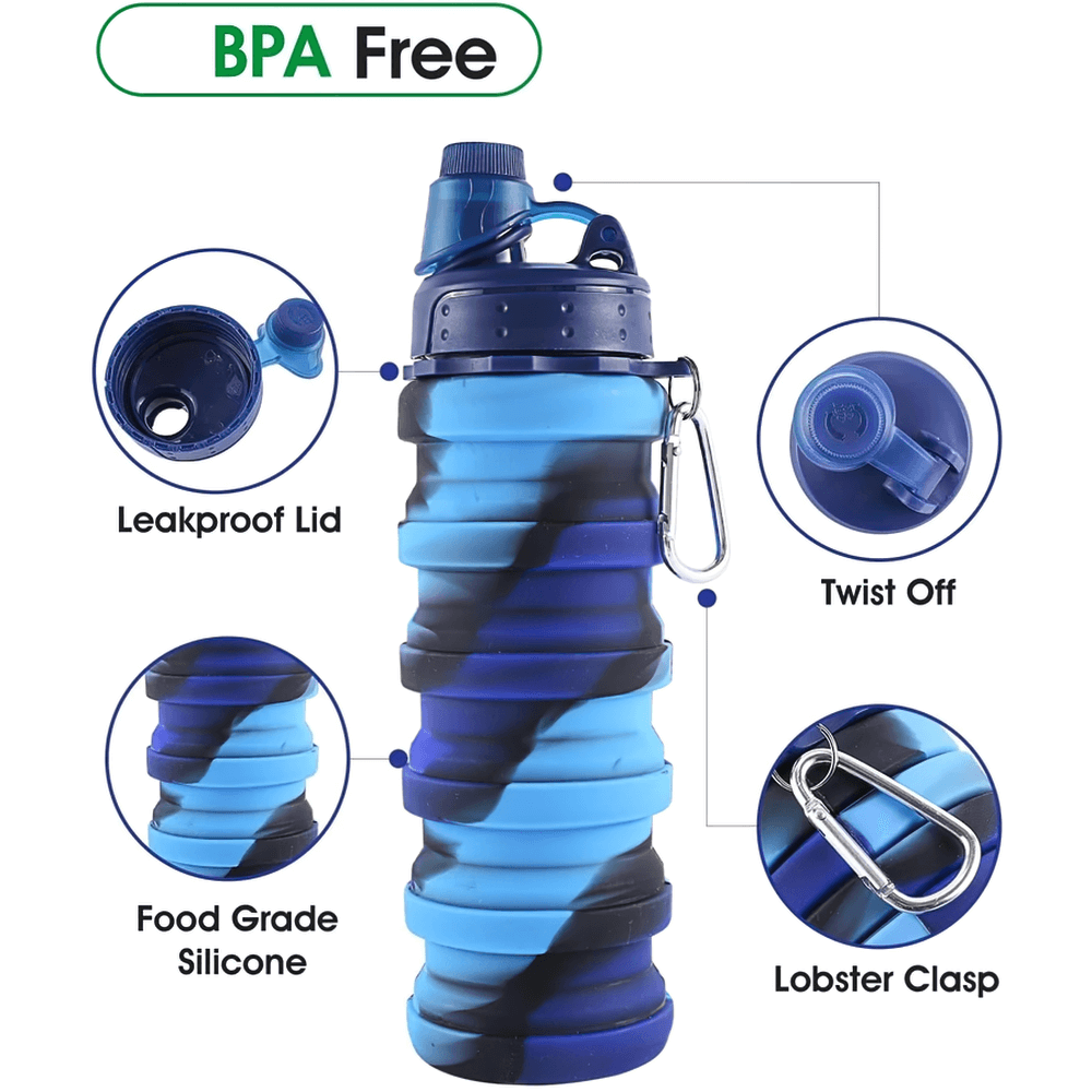 Reusable Collapsible Bottle with Carabiner - SF3489, foldable silicone water bottle with BPA-free leakproof design, ideal for travel.