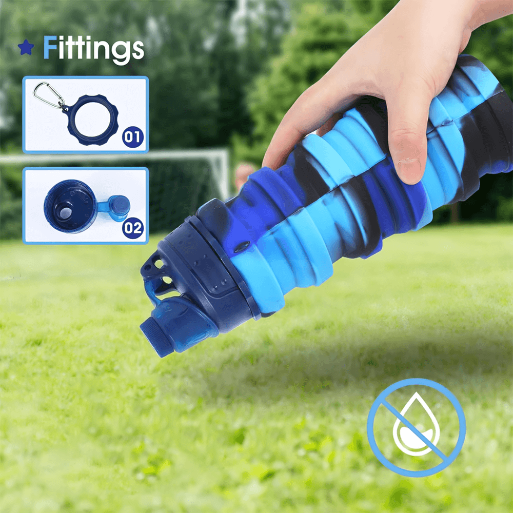 Reusable Collapsible Bottle with Carabiner - SF3489 in a hand, showcasing its foldable design and leakproof features on grass.