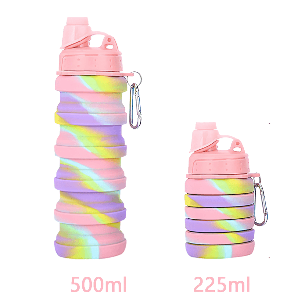 Reusable Collapsible Bottle with Carabiner - SF3489 showing pink silicone bottle folded and expanded with carabiner clip at 500ml and 225ml sizes.