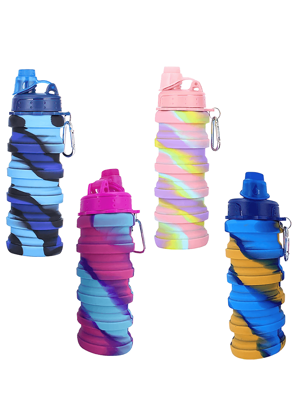 Colorful Reusable Collapsible Bottle with Carabiner - SF3489, foldable silicone water bottles for sports and outdoor travel.