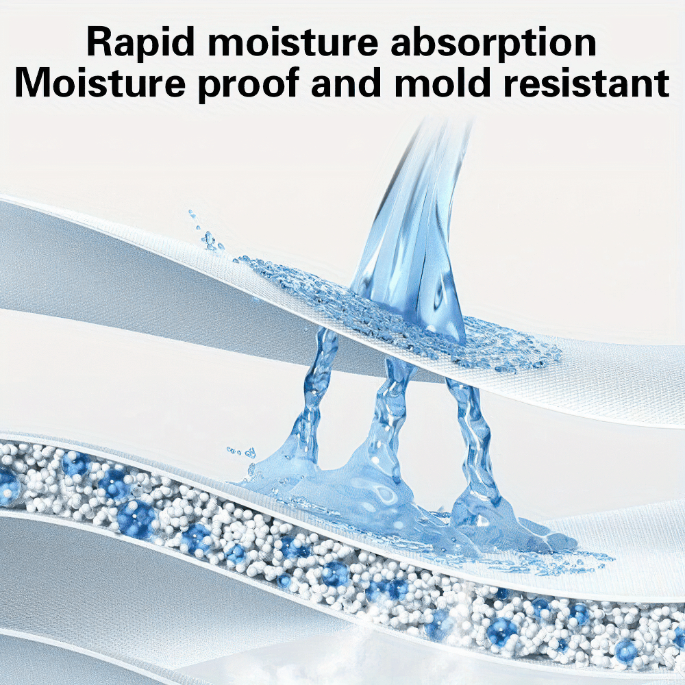 Illustration of a moisture-absorbing mat showcasing its mold-resistant, moisture proof layers with water droplets.