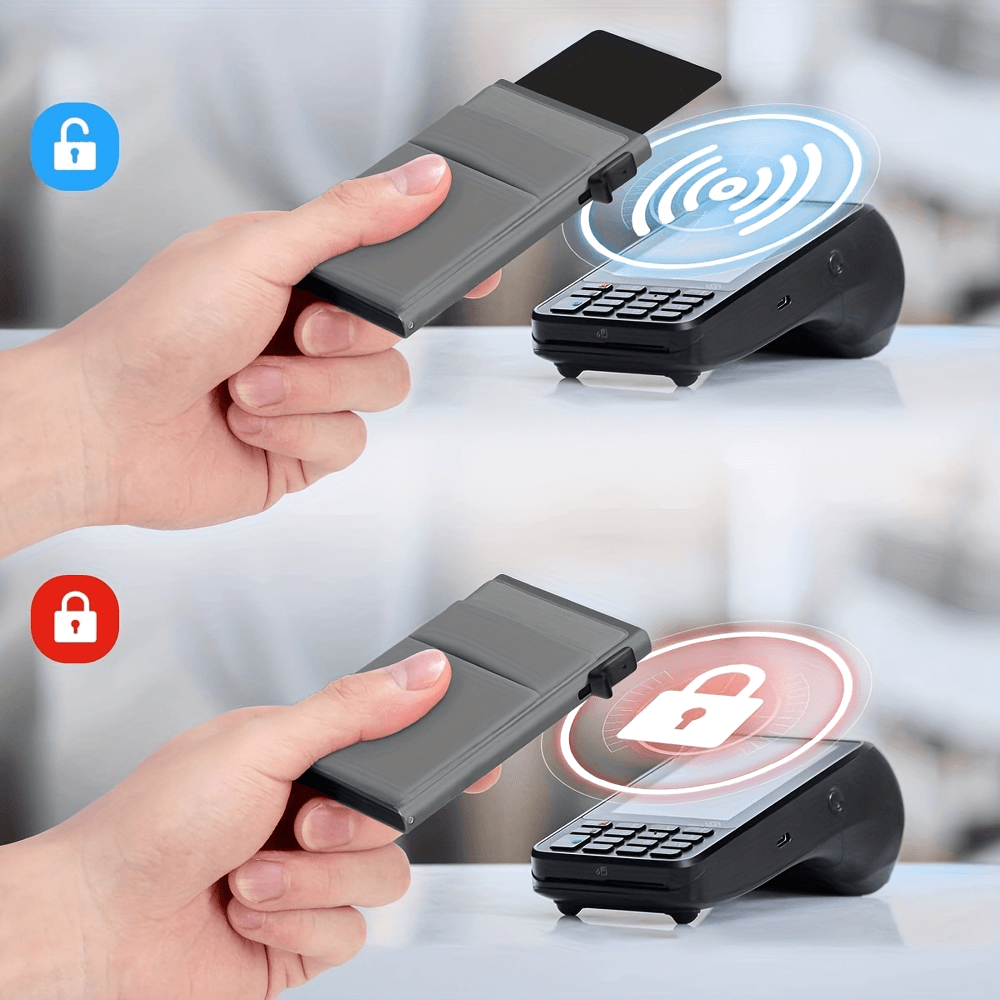 RFID Blocking Card Case showing secure card protection and enhanced security with automatic pop-up feature in action.