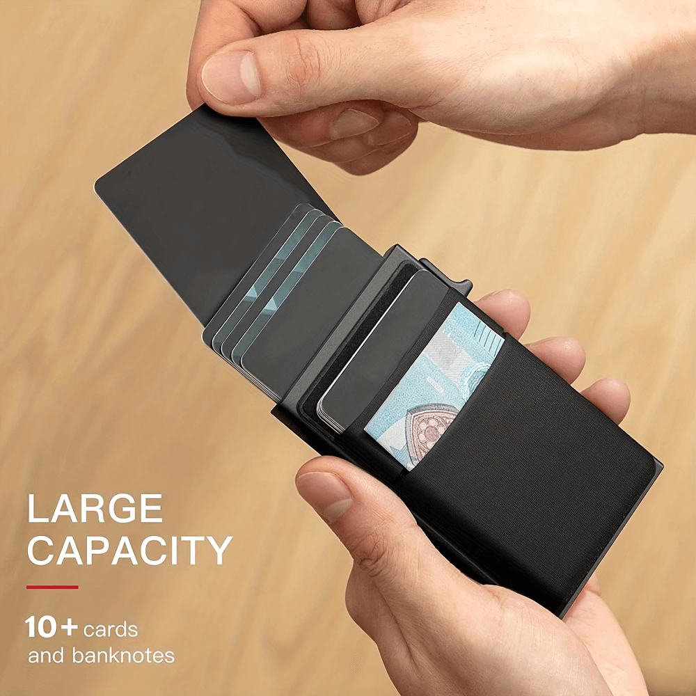 Hands holding RFID blocking card case with pop-up feature, showing large capacity for 10+ cards. Ideal for theft protection.