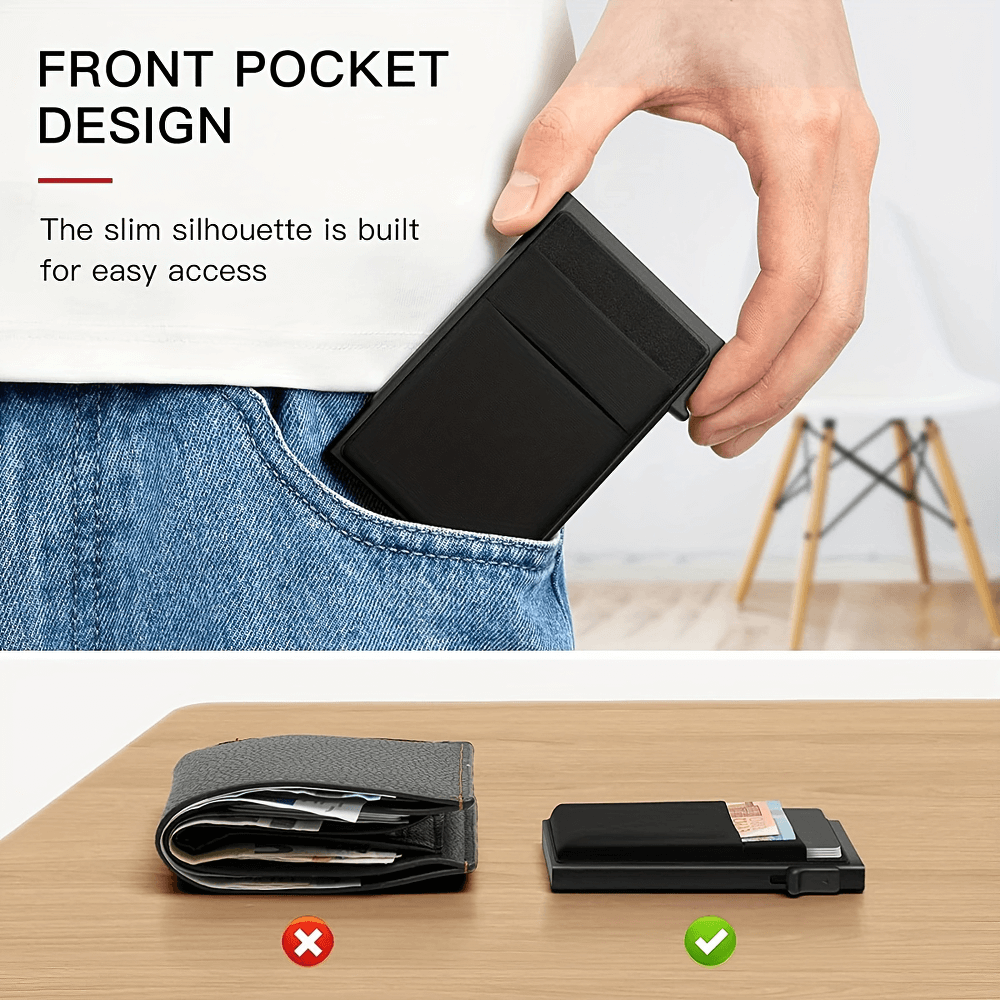 Person placing RFID blocking card case in pocket, showcasing its slim front pocket design and compact aluminum wallet.