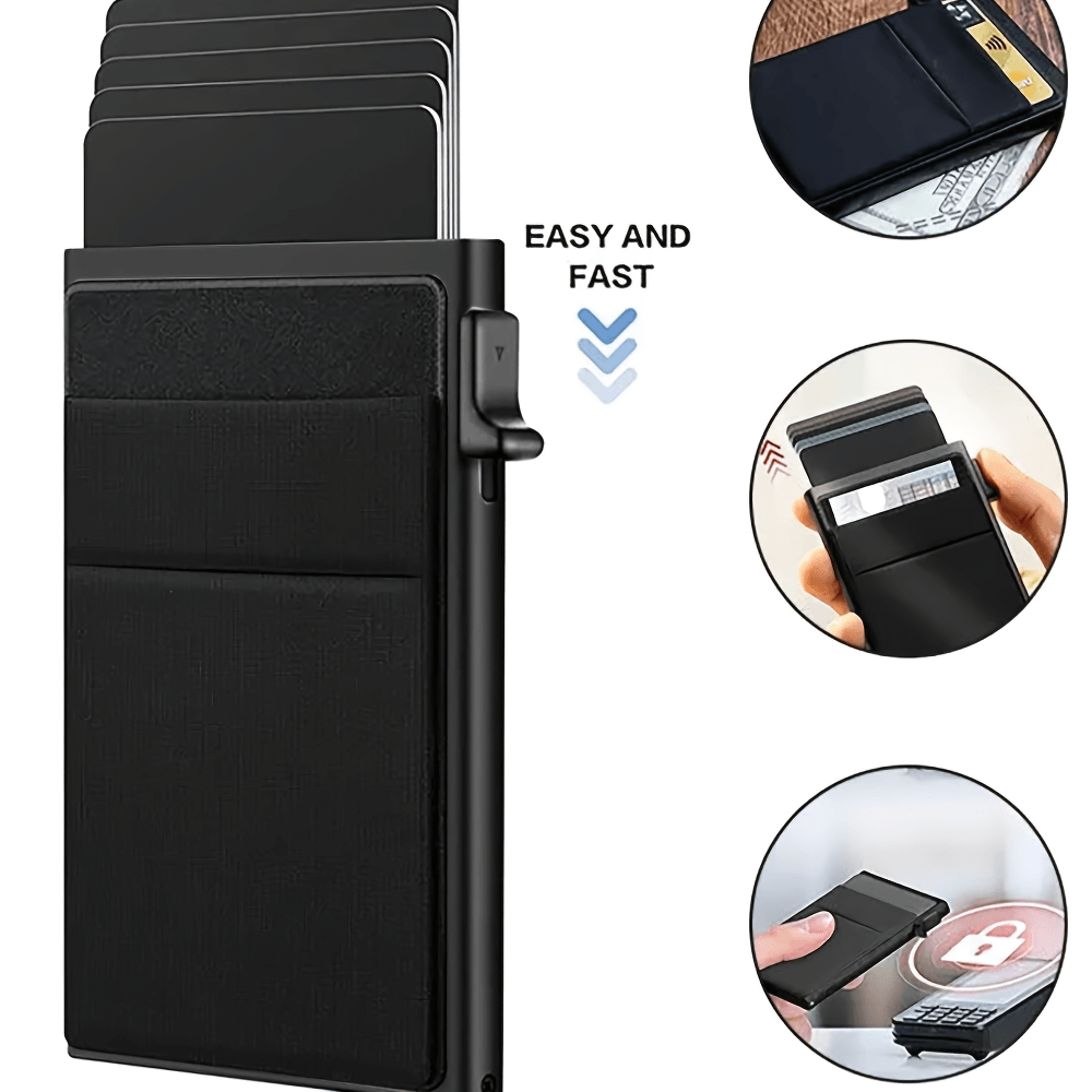 RFID Blocking Card Case SF2675 with automatic pop-up, sleek aluminum design for theft protection and quick access to 10 cards.