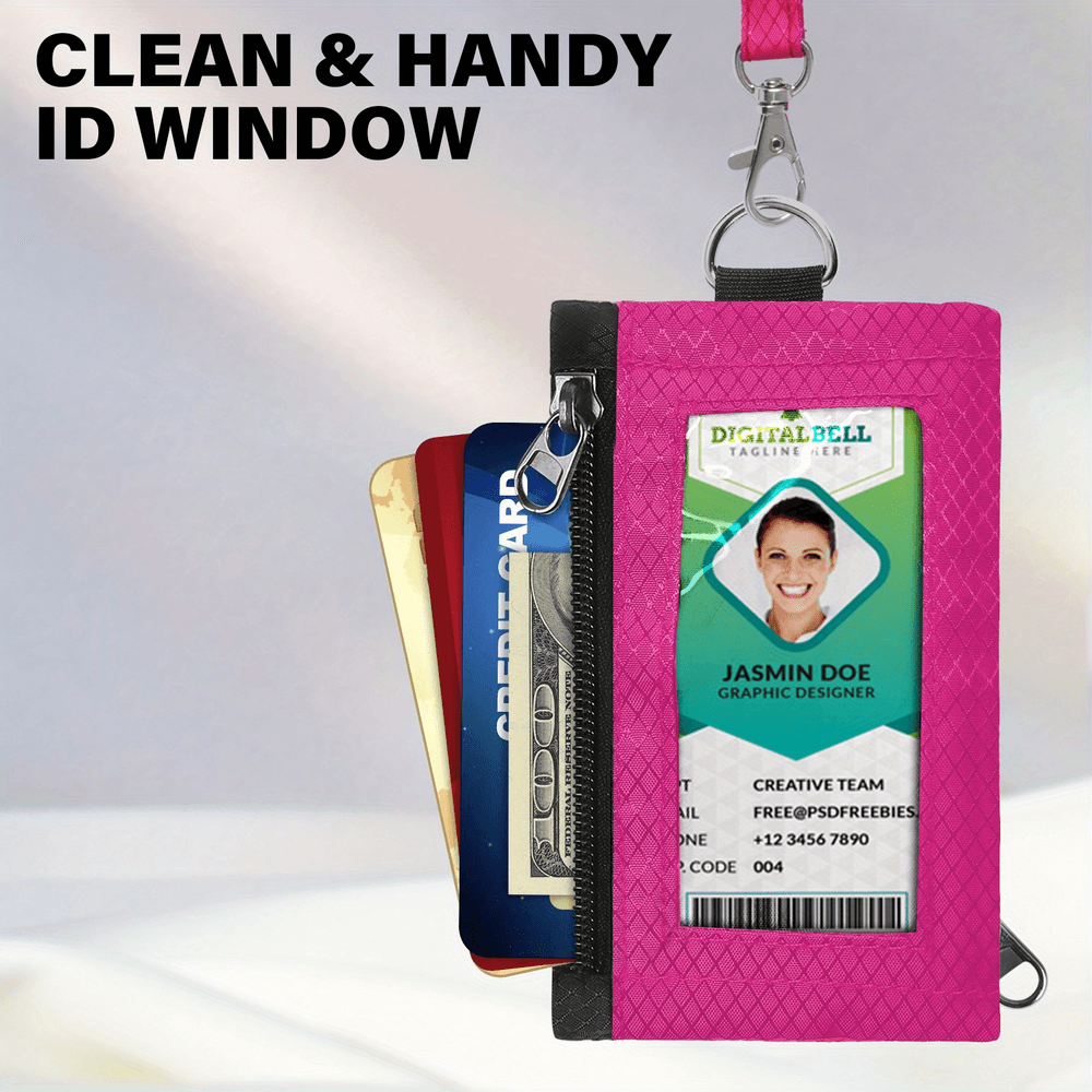 Pink RFID-blocking minimalist wallet with hanging lanyard, featuring ID window and card slots, ideal for secure travel and daily use.