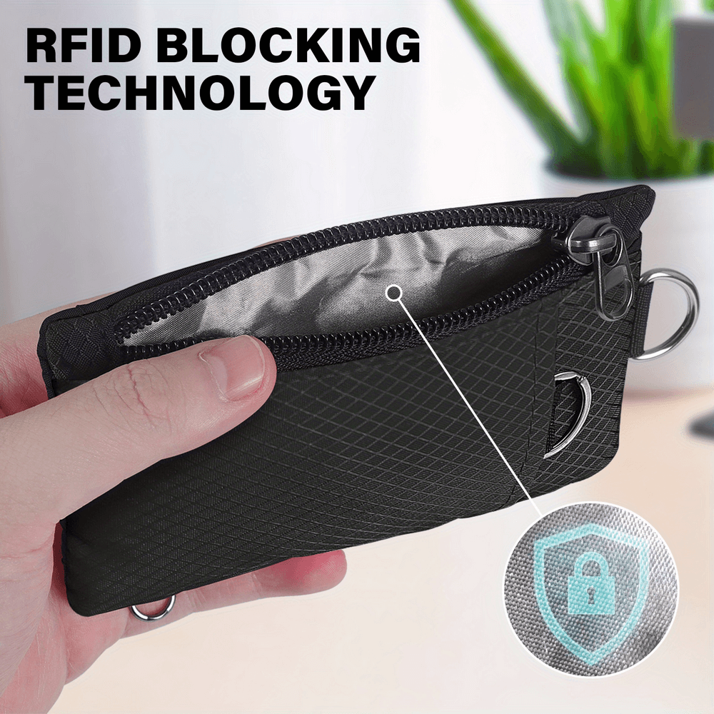 RFID blocking minimalist wallet with lanyard, secure card holder and zipper pouch, held to show interior lining.