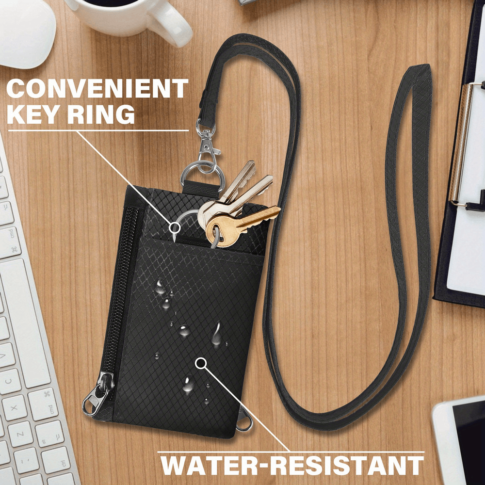 Minimalist RFID blocking wallet with lanyard, durable nylon, key ring, water-resistant design, perfect for secure travel and everyday use.