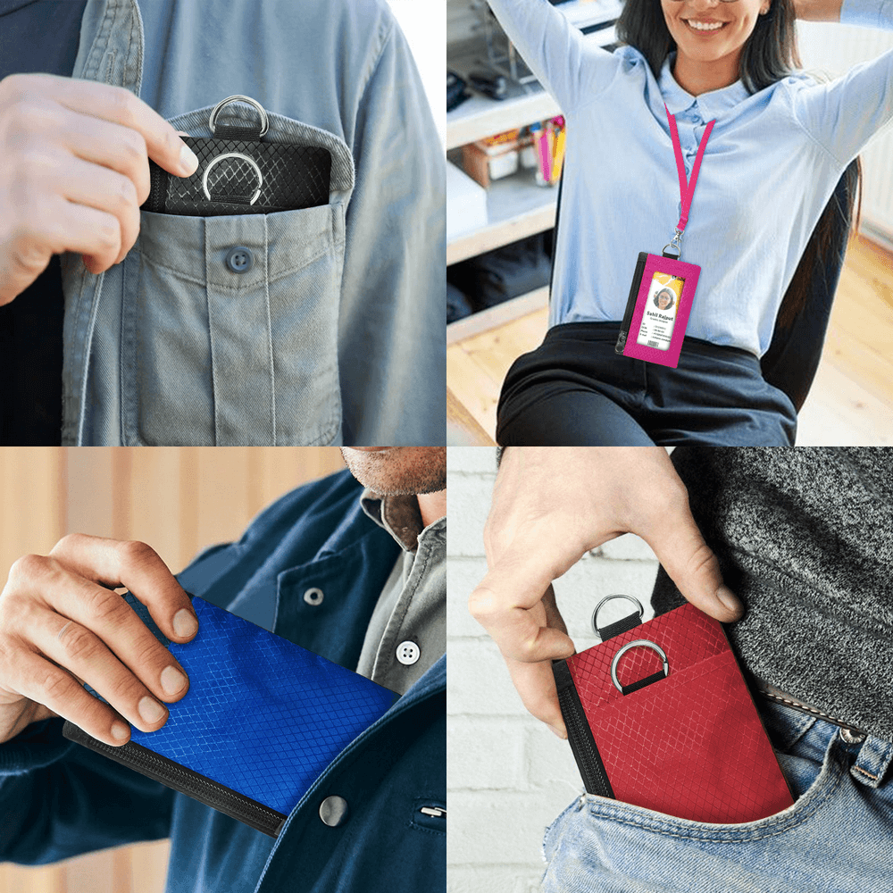 Alt Tag: RFID Blocking Minimalist Wallet with Lanyard in pocket and on lanyard, showcasing portability and sleek design in blue and red.