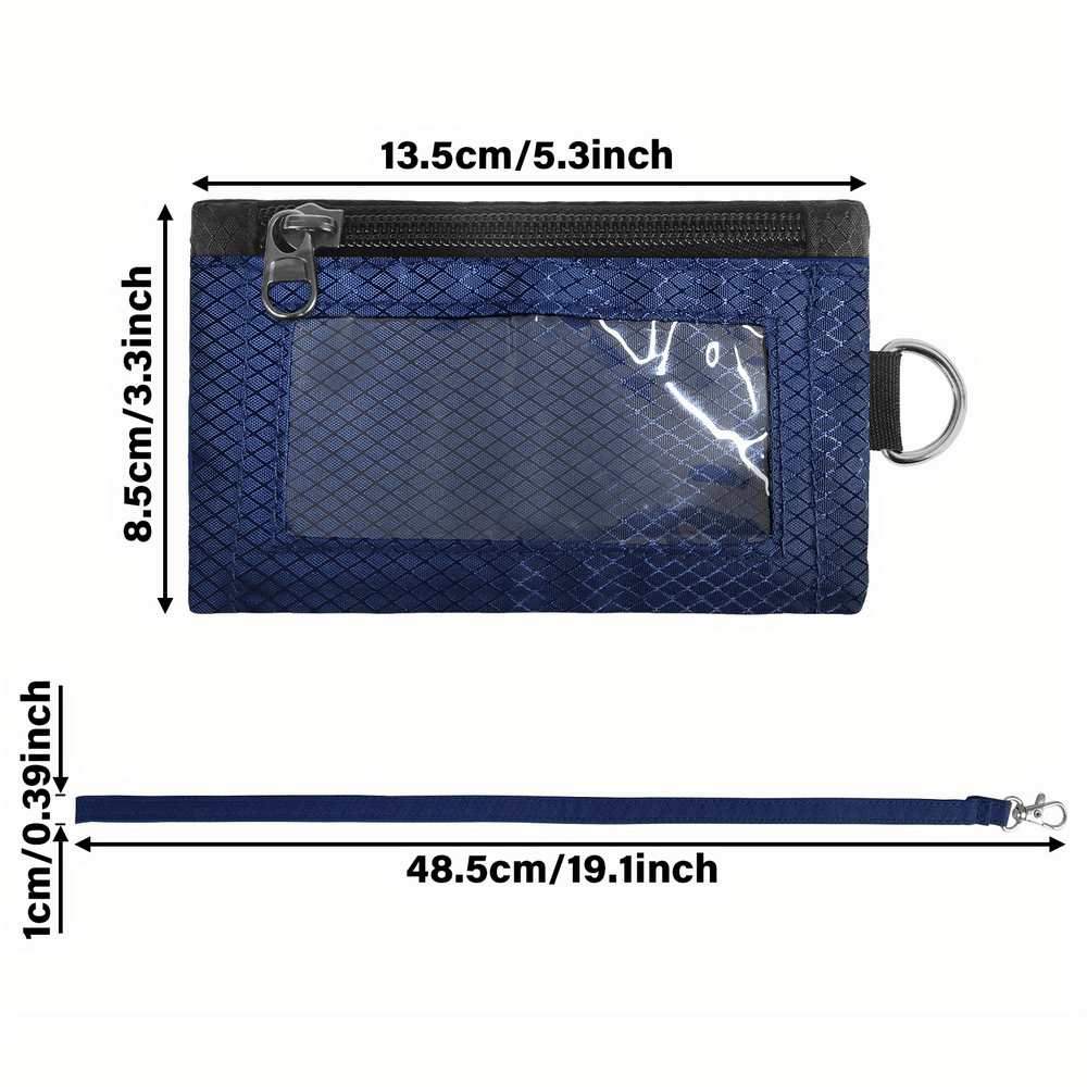 RFID Blocking Minimalist Wallet SF2682 with Lanyard, featuring nylon material, ID holder, and zippered coin pouch, dimensions shown.