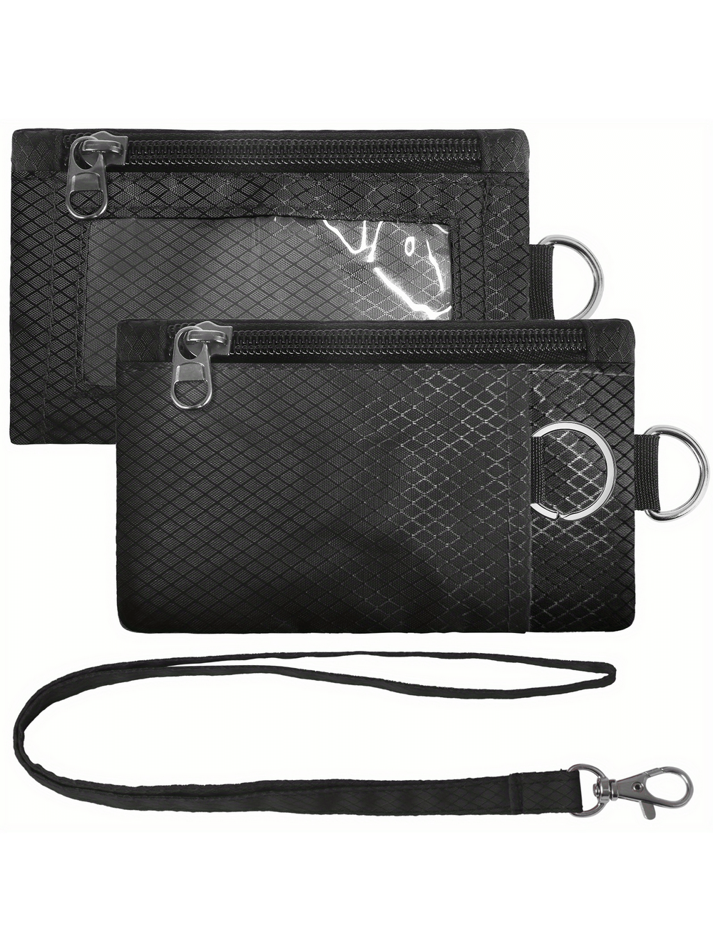 Black RFID blocking minimalist wallet with lanyard, ID holder, and zippered pouch for cards and coins. Secure travel wallet.