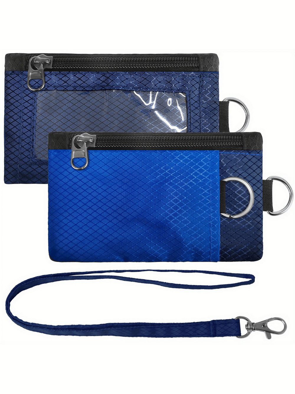 RFID Blocking Minimalist Wallets in blue with lanyard, featuring secure zippered pouch, ID holder, and keychain for travel and everyday use.