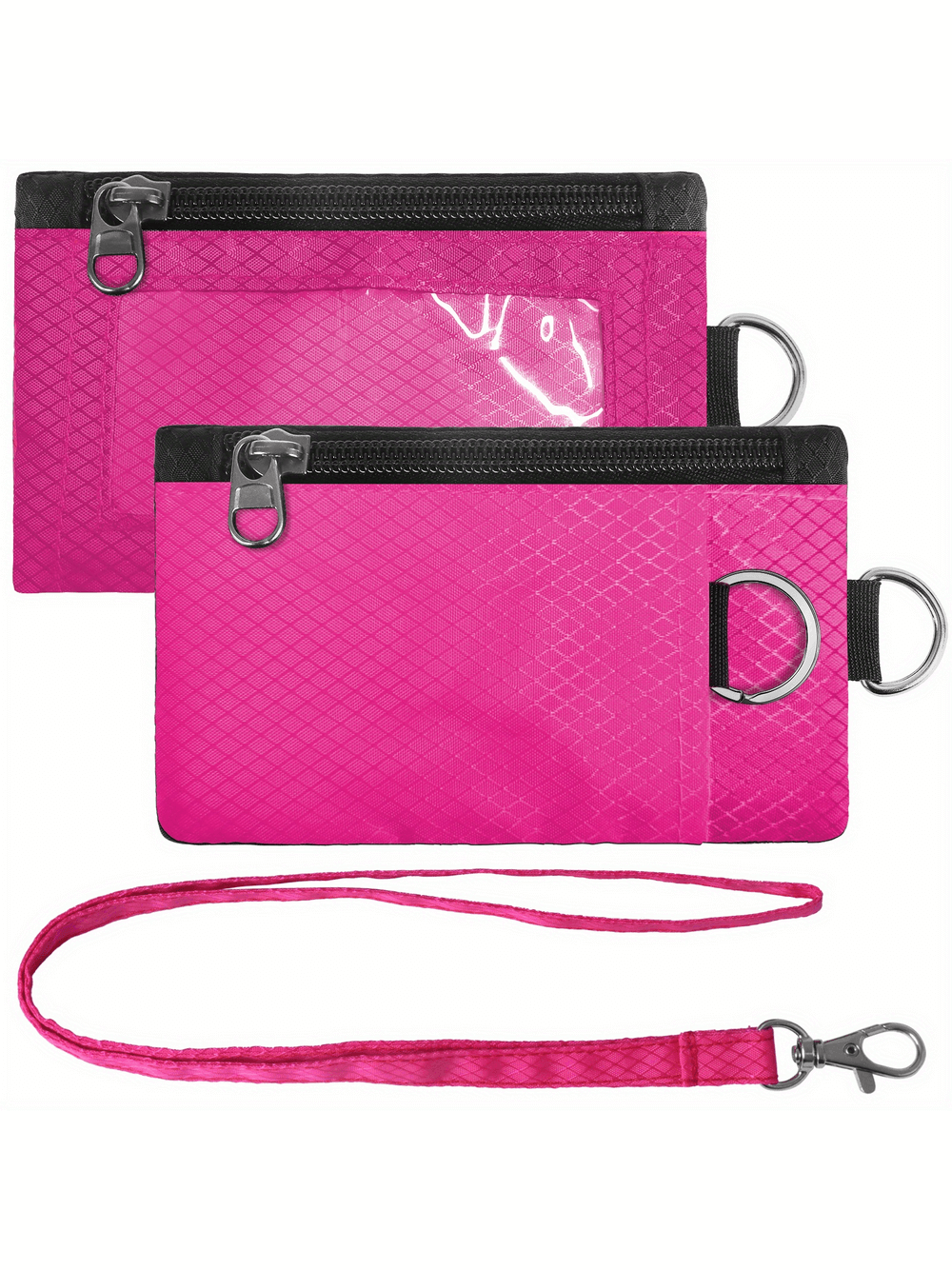 RFID blocking minimalist wallet in pink with lanyard, ID holder, and zippered pouch for secure travel.