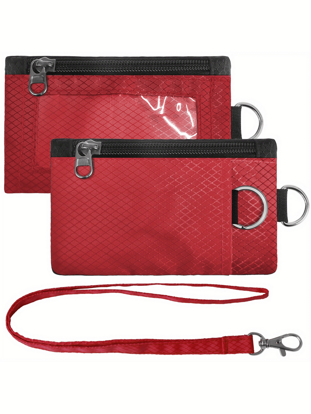 RFID-blocking minimalist red wallet with lanyard, featuring zippered pouch, ID holder, and solid pattern for secure travel use.