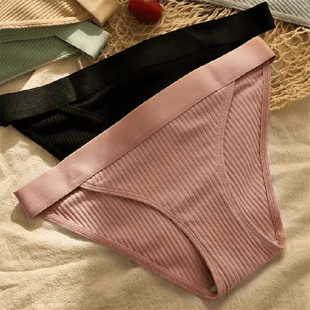 Ribbed Cotton Bikini Brief Panties for Women - SF4633 in pink and black, showcasing ribbed texture and soft elastic waistband.