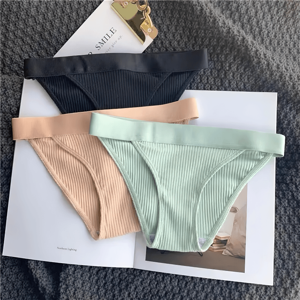 Ribbed Cotton Bikini Brief Panties for Women - SF4633 in assorted colors on a textured background.