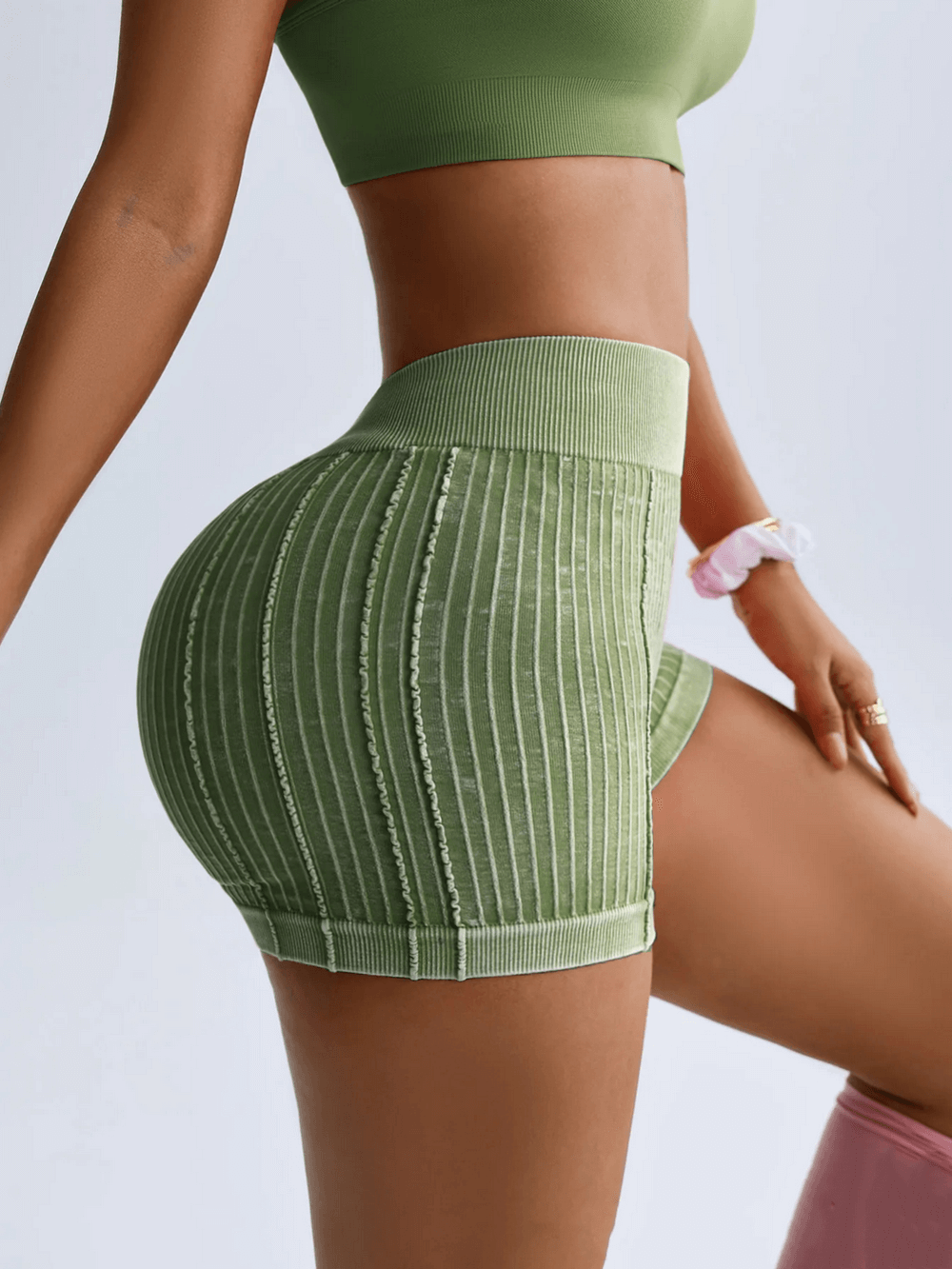 Woman wearing Ribbed Seamless High Waist Scrunch Workout Shorts - SF4159 focused on gym and yoga comfort.