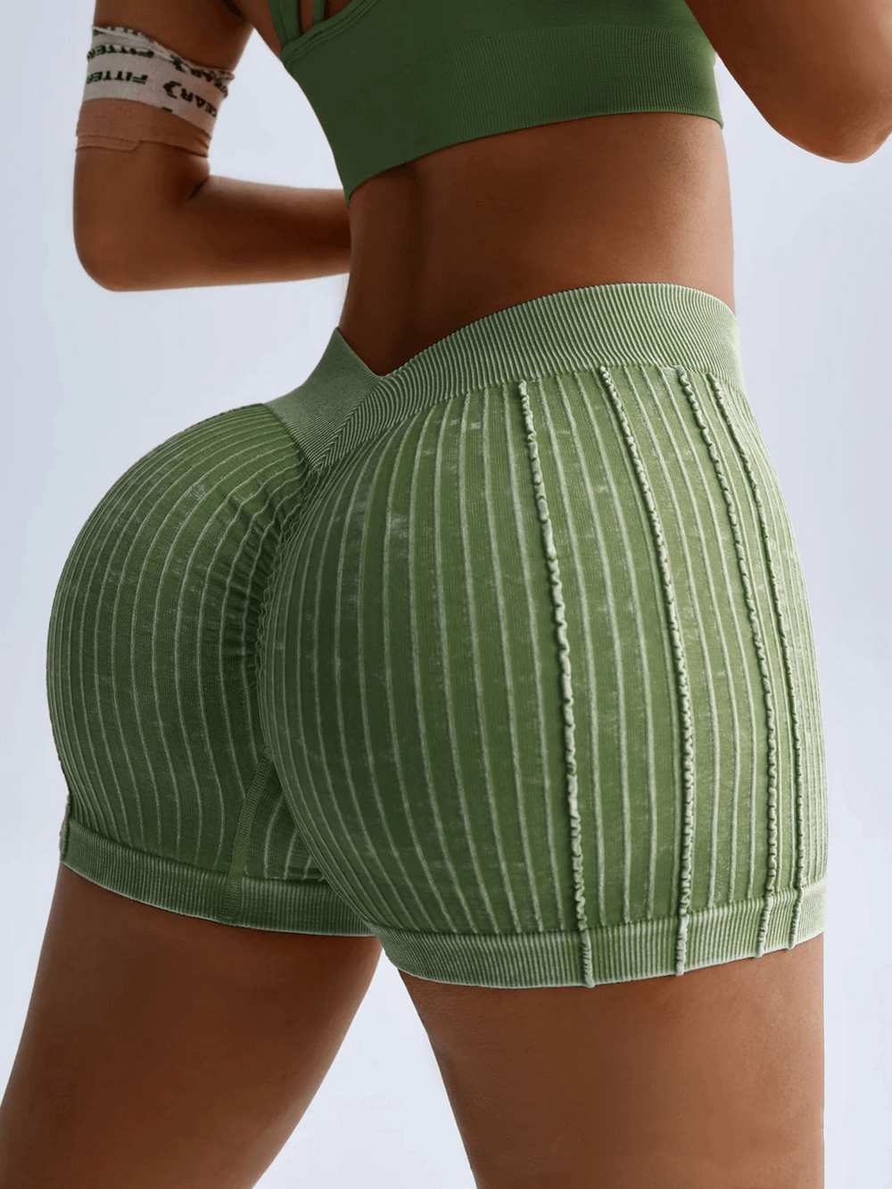 Ribbed Seamless High Waist Scrunch Workout Shorts - SF4159 with V-waist design and textured rib panels for ultimate comfort and style.