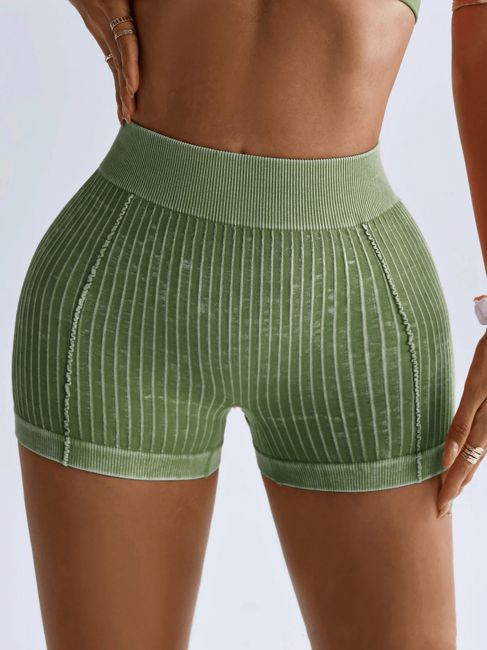 Ribbed Seamless High Waist Scrunch Workout Shorts - SF4159 in green, featuring V-waist, sculpt knit, and scrunch butt lift detail.