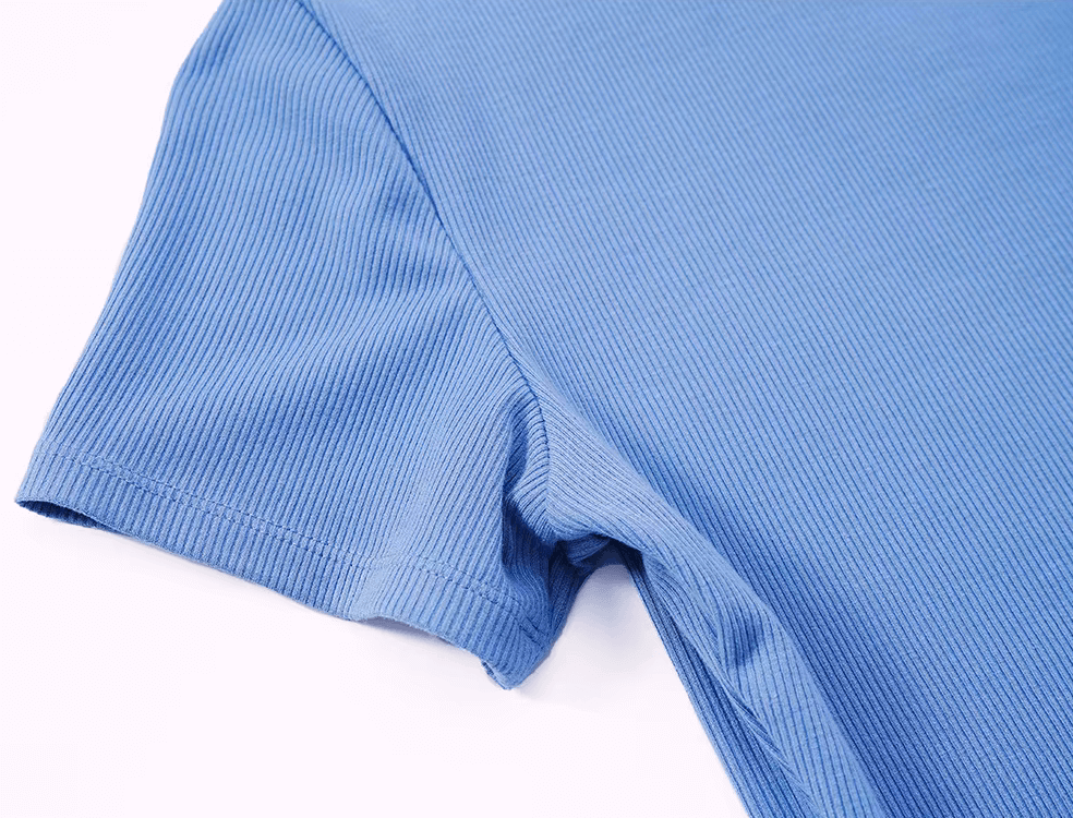 Blue ribbed short sleeve yoga crop t-shirt, breathable and quick-dry design for fitness and workouts.