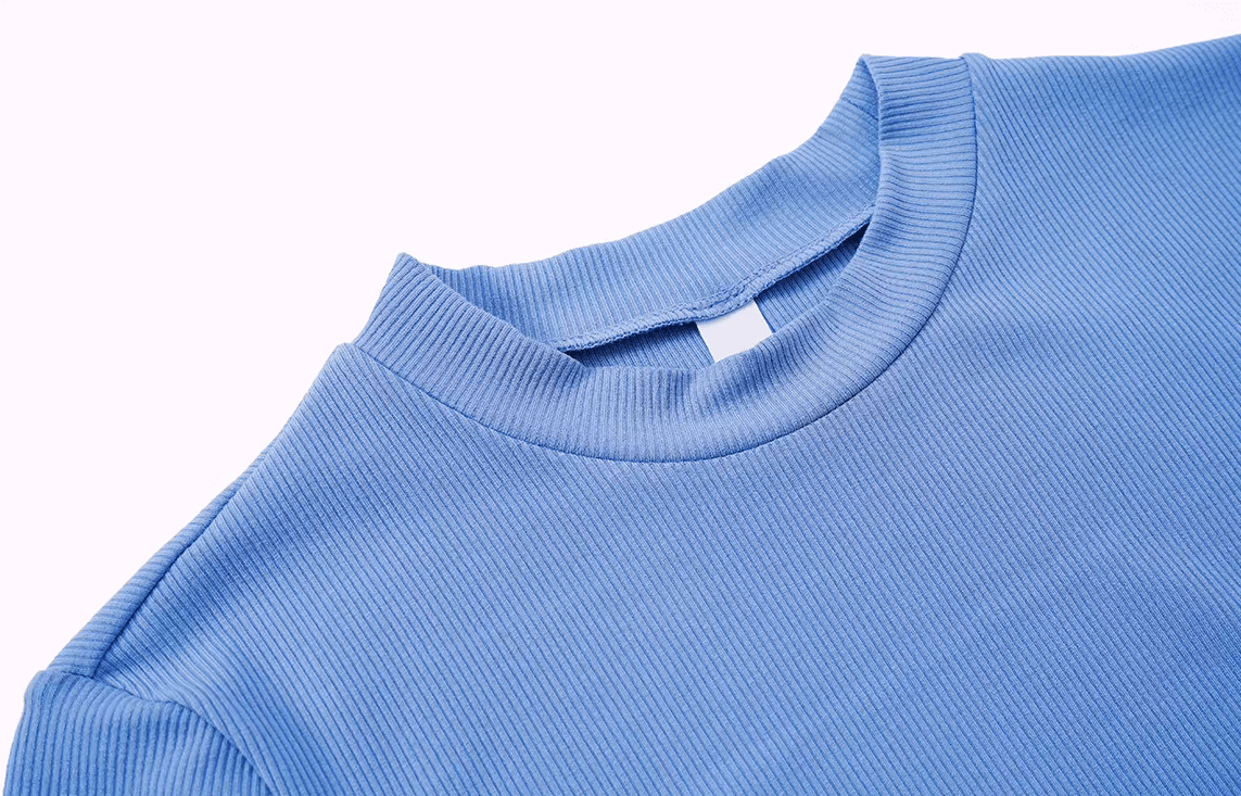 Blue ribbed short sleeve yoga crop t-shirt for fitness, SF2429, showing breathable cotton-spandex fabric for comfort and style in workouts.