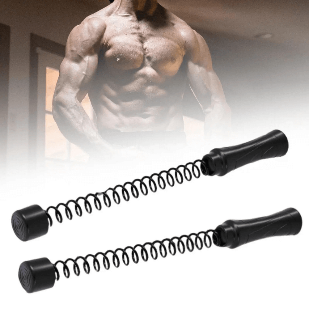 Pair of ropeless battle ropes for home gym strength training with muscular man in background.