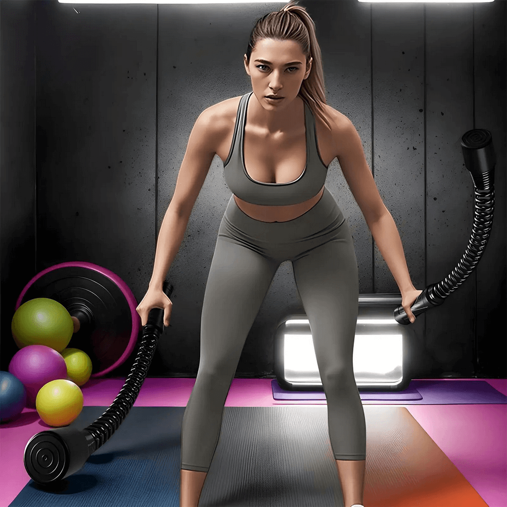 Woman using ropeless inertia training rope with non-slip handle for upper body workout in gym