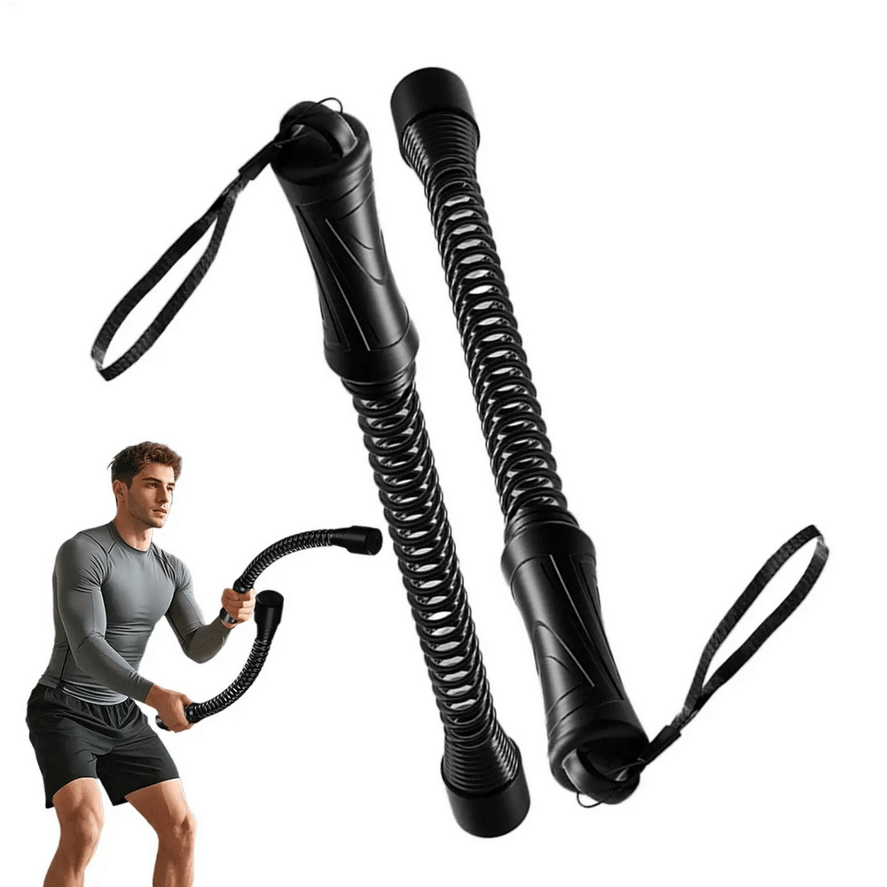 Man using Ropeless Inertia Training Rope with non-slip handle for full-body workout, featuring durable spring core design.