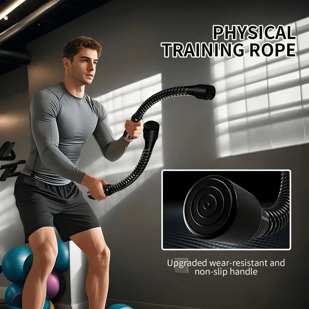 Man using ropeless inertia training rope with non-slip handle for full-body workout in gym setting, showcasing its durability.
