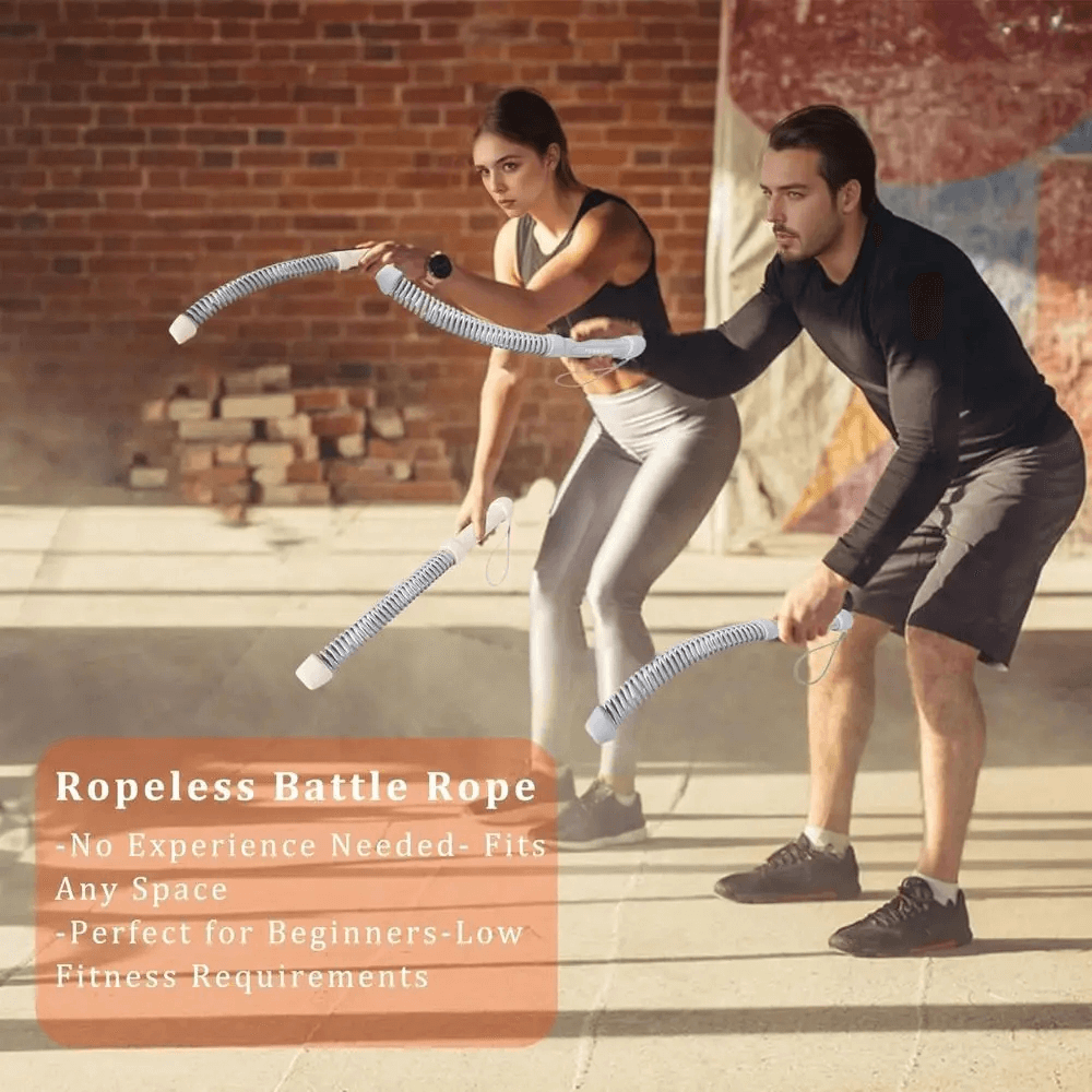 Two individuals using a ropeless strength trainer with soft rubber grips for a full-body workout, showing benefits for beginners and fitness enthusiasts.