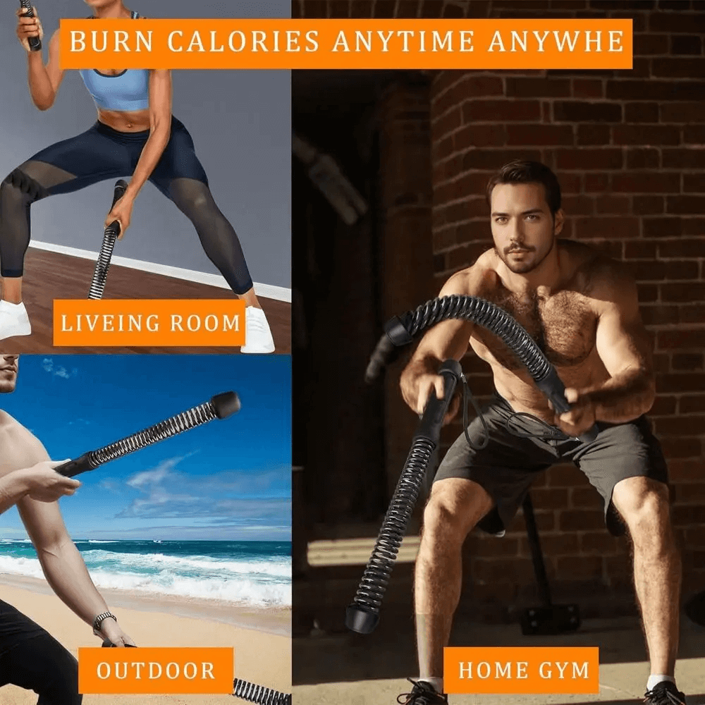 Ropeless Strength Trainer with Soft Rubber Grip used for indoor and outdoor workouts, showing versatility in home gym and beach settings.