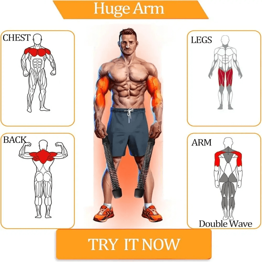 Man demonstrating ropeless strength trainer SF3287 for arms, shoulders, chest, legs, and back exercise, try it now for explosive results.