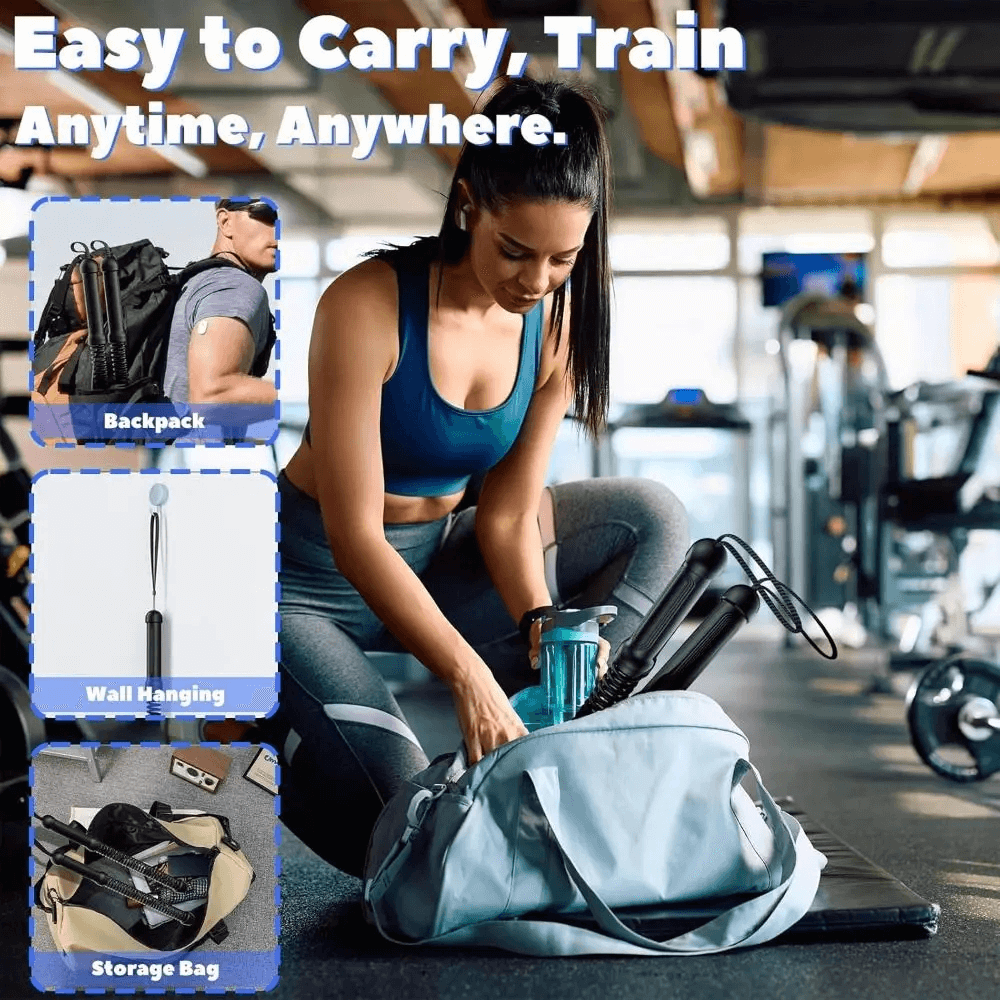 Woman packing ropeless strength trainer in gym bag with options for backpack, wall hanging, and storage bag for easy transport.