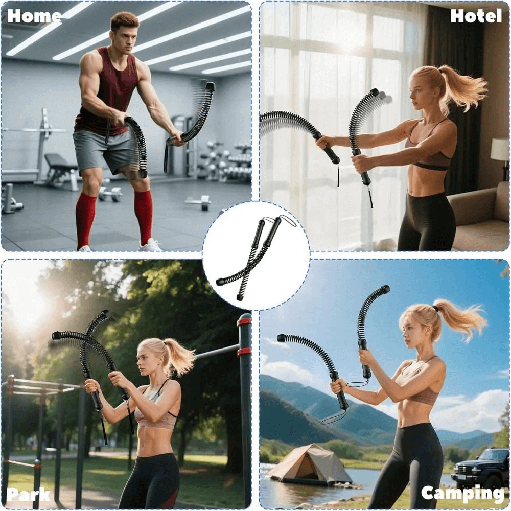 Ropeless strength trainer with soft rubber grip, used for workouts at home, hotel, park, and camping, perfect for core and endurance training.
