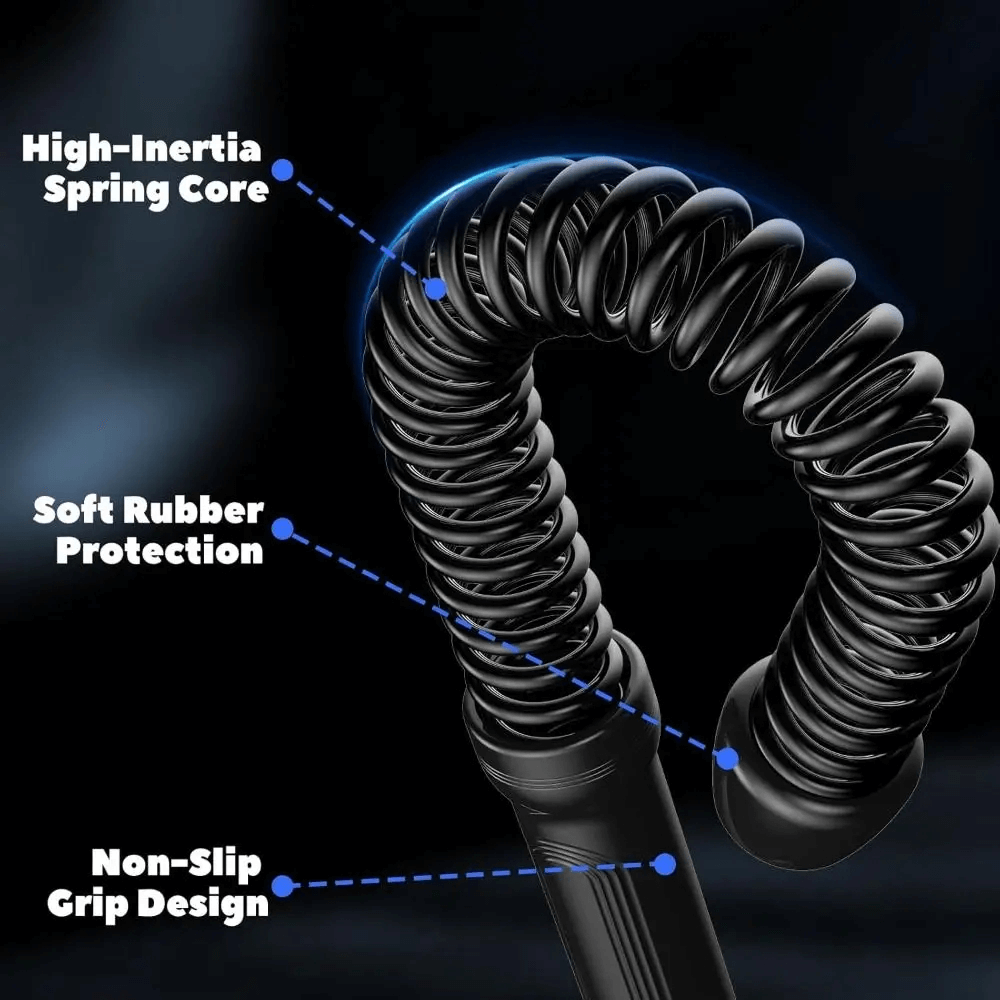 Close-up of ropeless strength trainer with high-inertia spring core, soft rubber protection, and non-slip grip design.