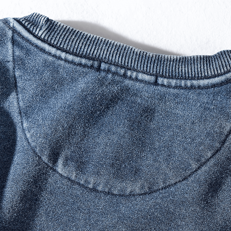 Close-up of the round neck detailing on a men's long-sleeved knitted sports pullover, showcasing thick cotton material.