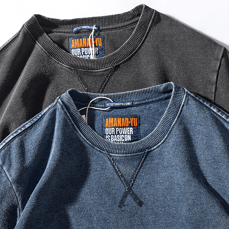 Two round neck long-sleeved knitted sports pullovers in black and blue, showcasing thick cotton material and comfortable fit for men.