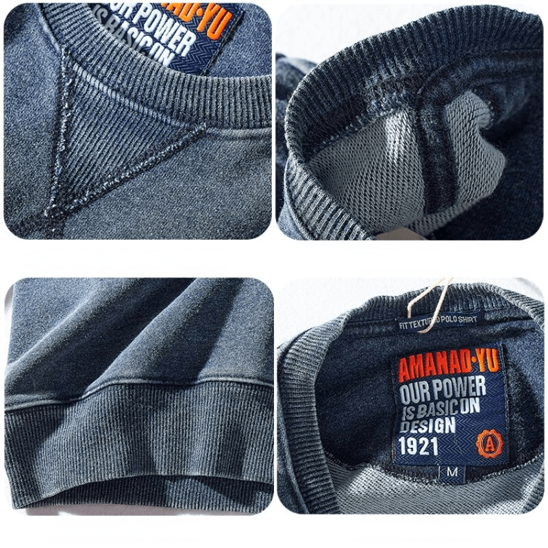 Close-up details of Round Neck Long-Sleeved Knitted Sports Pullover for Men with thick cotton and casual fit, SF1296.