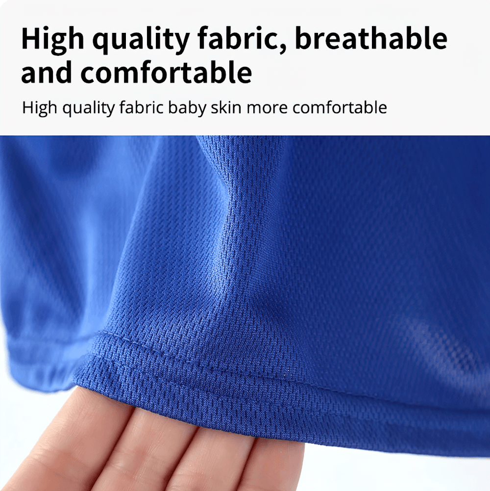 Close-up of blue breathable mesh fabric on unisex round neck T-shirt, showcasing high-quality material for comfort and durability.