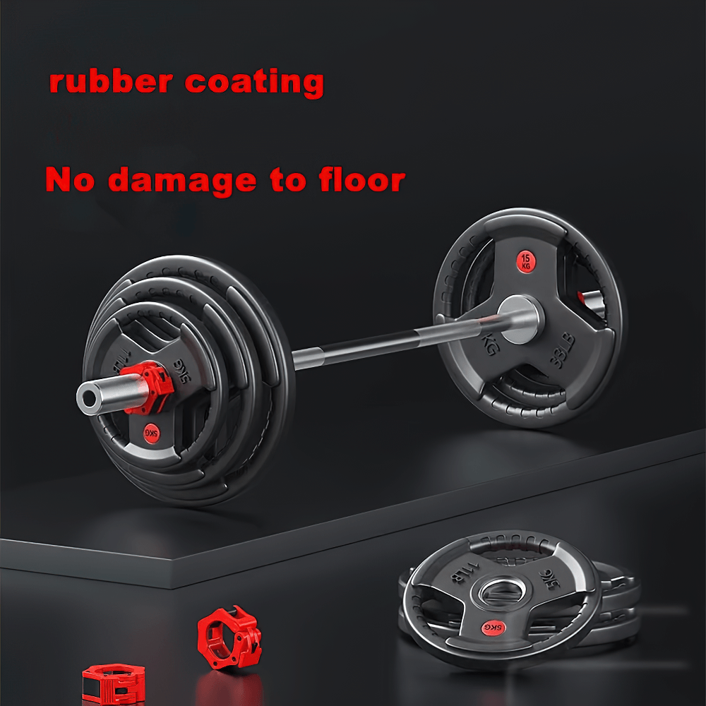 Black rubber-coated barbell plates with ergonomic grip, designed to prevent floor damage, shown in various weights for strength training.