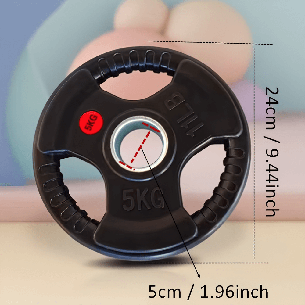 Black rubber coated 5kg barbell plate with ergonomic grips, 24cm diameter, shown with dimensions. Ideal for home and gym workouts.