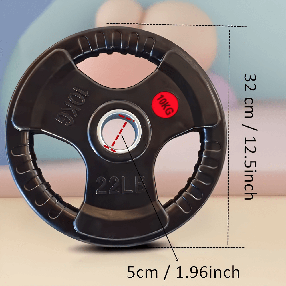 10kg black rubber-coated barbell plate with ergonomic grip, 32cm diameter, ideal for home and gym workouts.