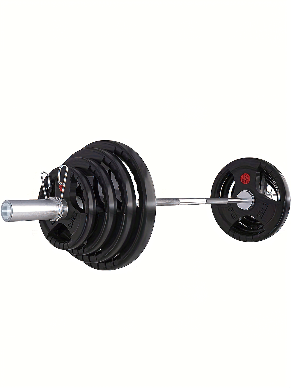 Black rubber-coated barbell plates SF2929 on a weightlifting bar, ideal for home gym workouts, prevent floor damage.