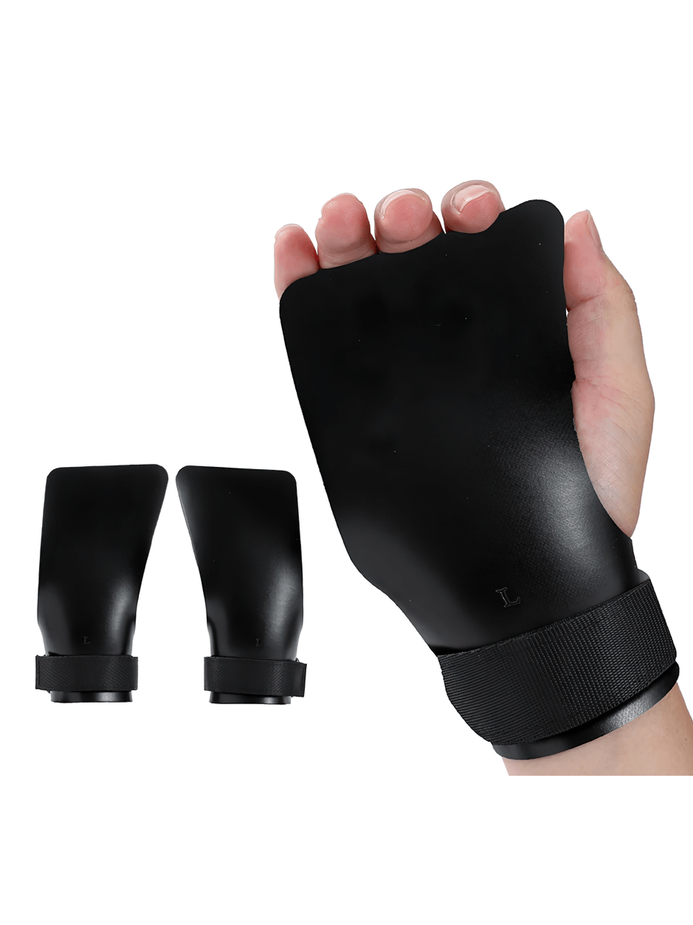 Close-up of Rubber Palm Grips for Crossfit and Weightlifting - SF3508, featuring black ergonomic design and adjustable wrist straps for gym use.