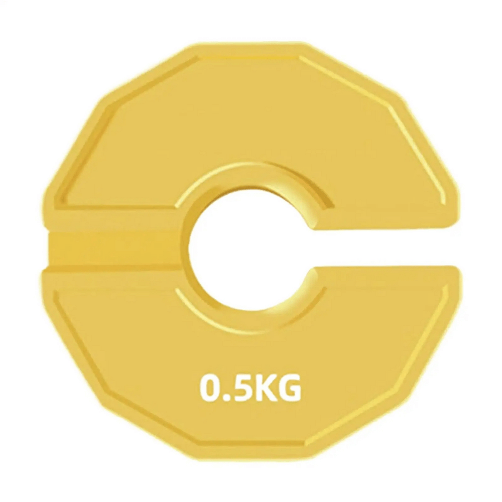 Yellow 0.5 kg rubber weight plate for barbell training, color-coded for easy identification and precision in strength workouts.