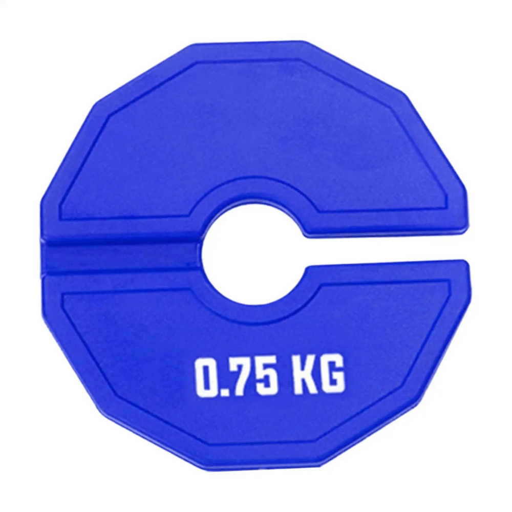 Blue 0.75 kg rubber-coated weight plate for barbell training, featuring color-coded design for easy identification and secure grip.