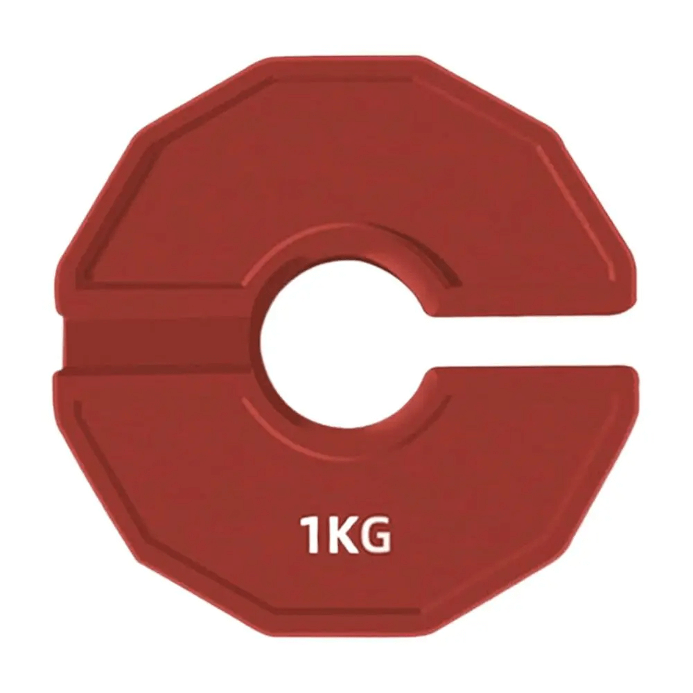 1 kg red rubber weight plate for barbell, color-coded for easy identification, ideal for precise weight lifting adjustments.