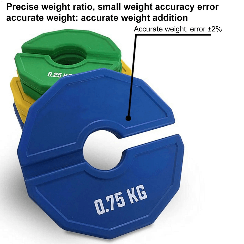 Color-coded rubber weight plates for barbells, featuring precise 0.25 kg, 0.5 kg, and 0.75 kg increments, ideal for strength training.