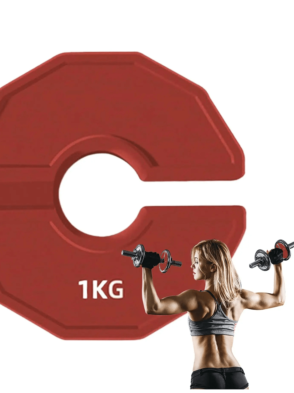 1kg red rubber weight plate for barbell training with a woman lifting dumbbells, ideal for home gym workouts.